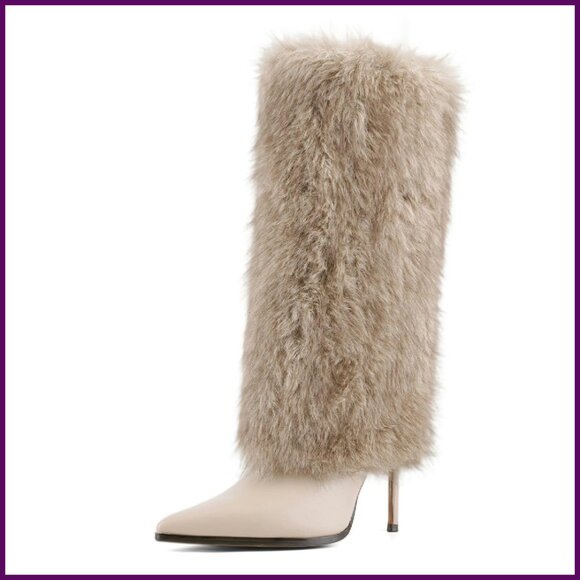 Shoes - Knee High Faux Fur Boots Pointed Toe Stiletto Heels Winter Fashion